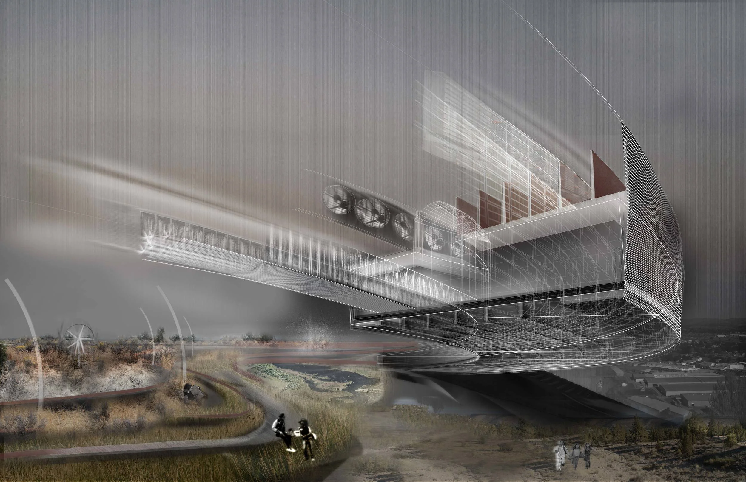 Climatic Territories Critics: Diana Balmori & Joel Sanders The project proposes a new model for Facebook’s digital data-centers in Prineville, Oregon. Seeking to challenge traditional notions of architectural enclosure, the thickened layer of performative climactic infrastructure that constitutes the contemporary data center plenum is extended into the landscape beyond. The ambition is to consider architecture as an expanded climactic field; enclosure is conceived of as a gradated condition, mediated not by walls, roofs or windows, but rather by processes of condensation, convection and cooling. The transformative potential of this approach is explored in the design of an adjacent ‘mist park.’ Here, the atmospheric products of the data center’s filtration, ventilation and humidification systems produce a space in which the interface between architecture and landscape is presented as a fluid, unstable condition that challenges assumptions of landscape as a benign surface for pleasure.
