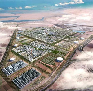 Figure 14 . Render of the city showing the field of photovoltaics at the city’s northern edge