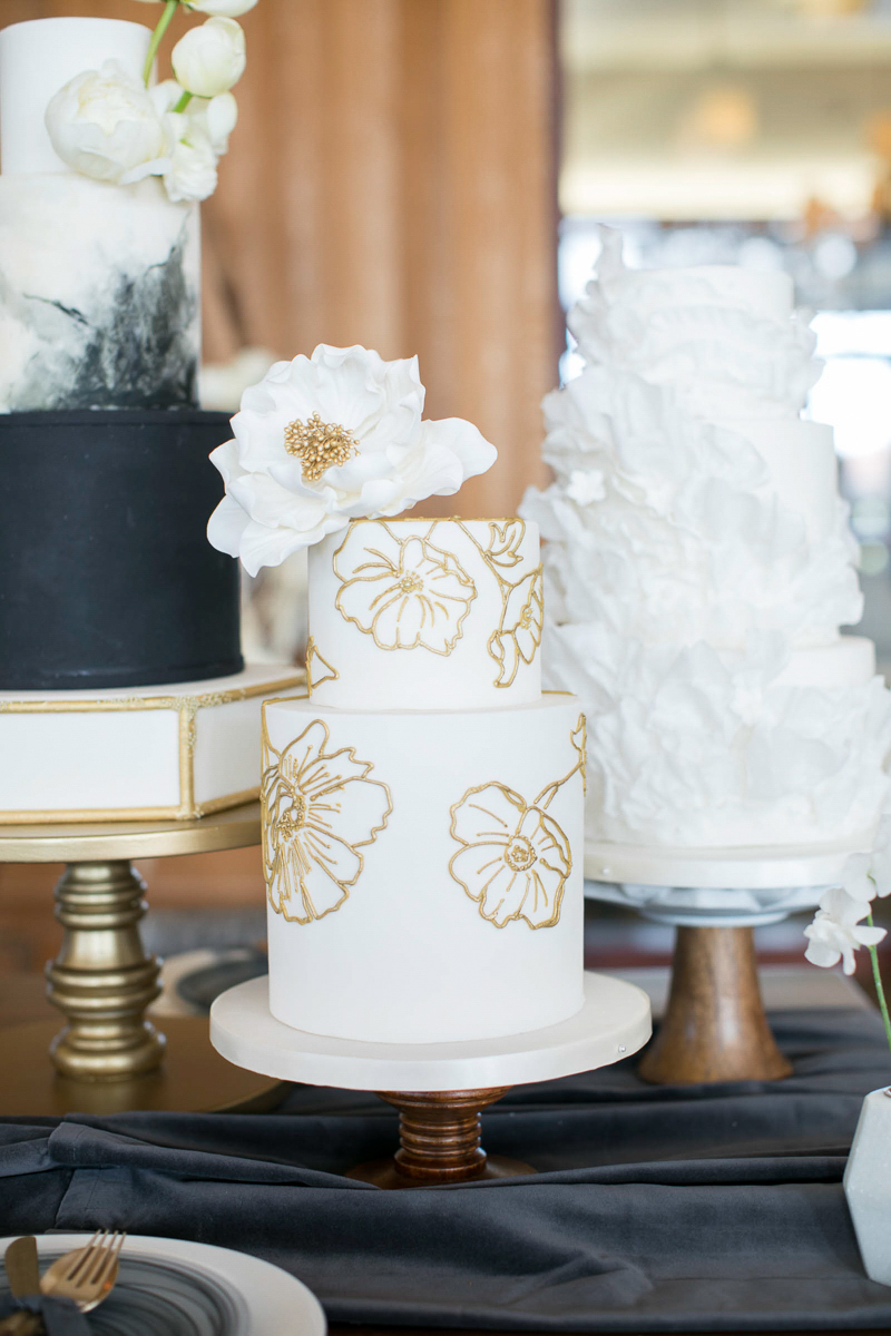 wedding cakes in white on display