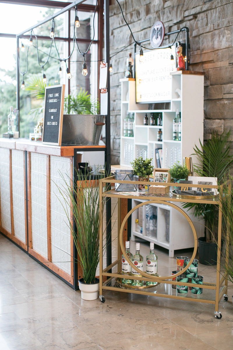 cocktail bar and bar cart at first look autumn wedding show