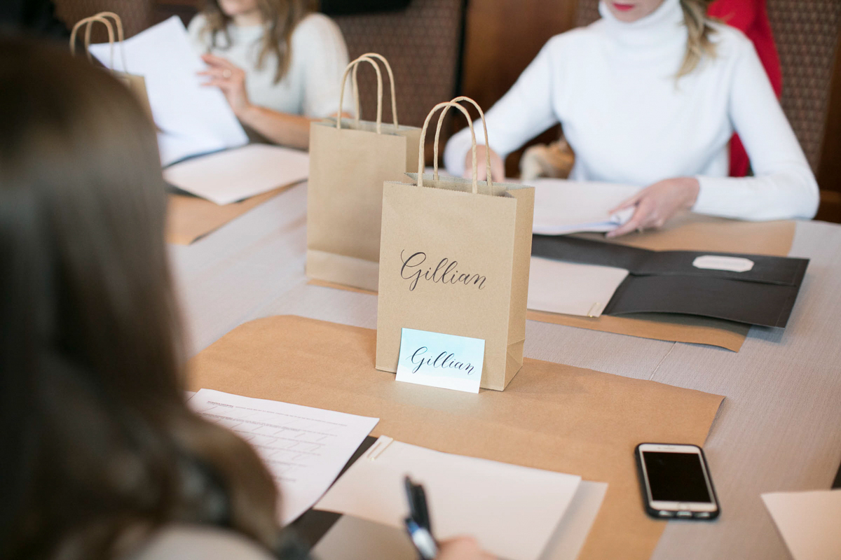 calligraphy workshop with custom name tags and gift bags