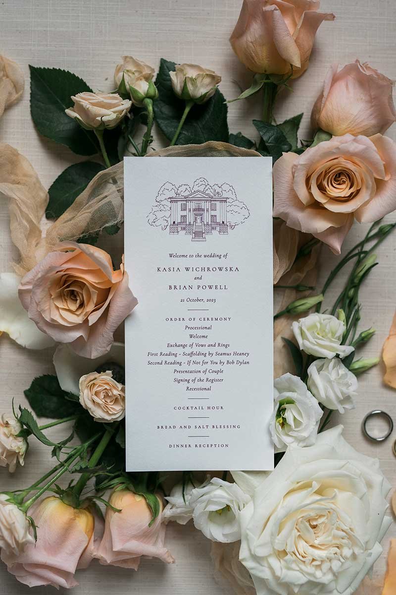  Wedding invitation arranged with floral flatlay. 