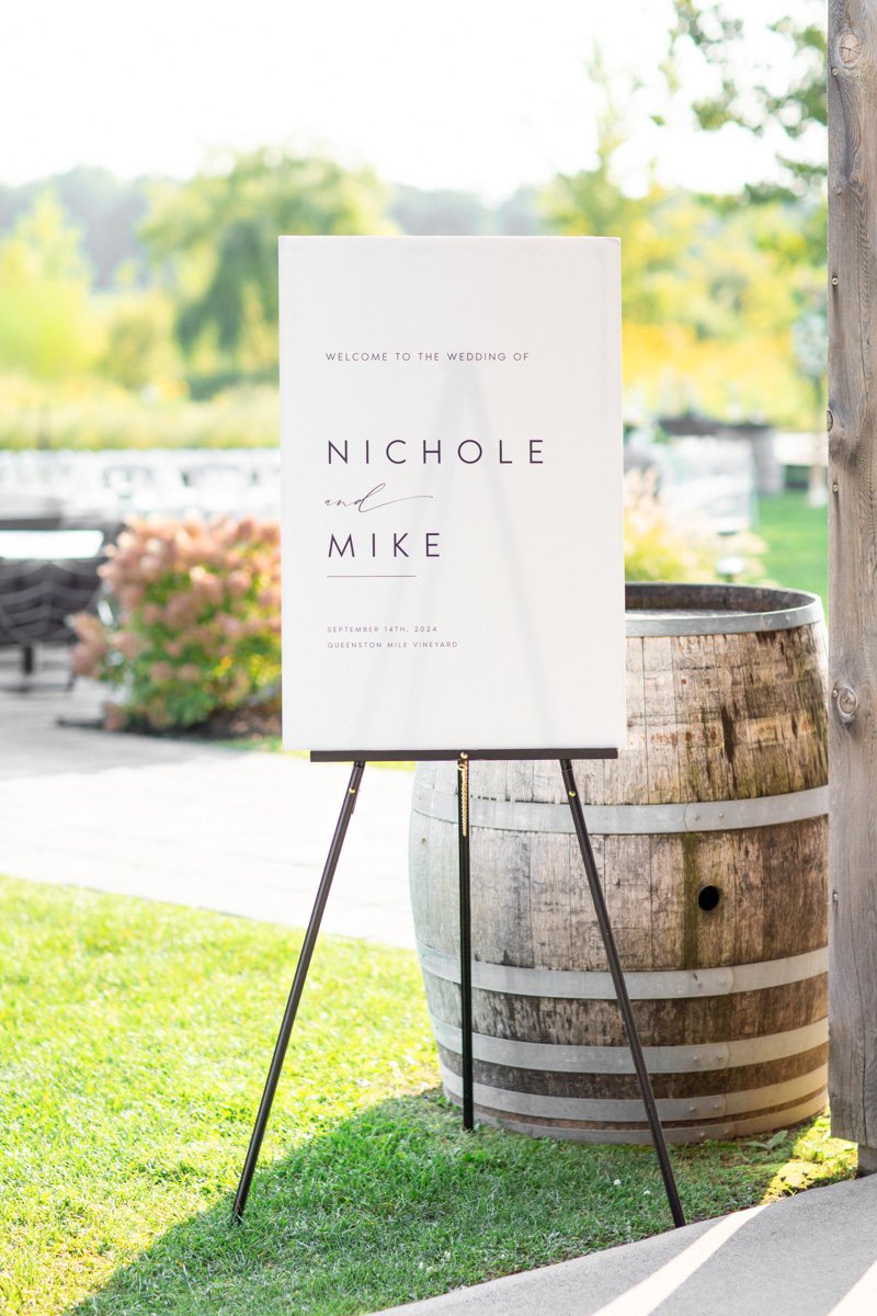 simple wedding welcome sign on an easel