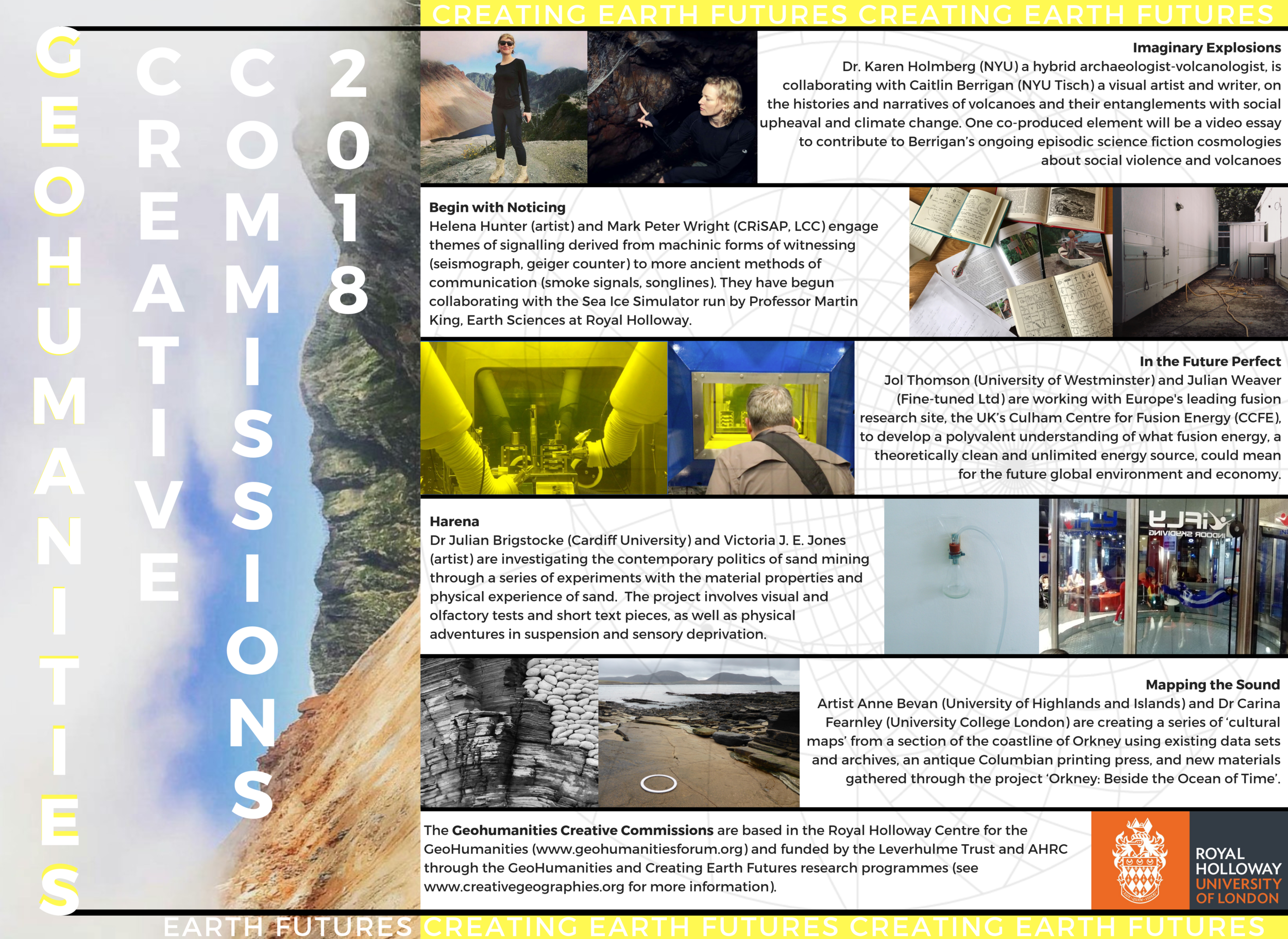Centre for the GeoHumanities Creative Commissions 2018, themed “Creating Earth Futures”; Poster design by Sasha Engelmann and Jol Thomson.