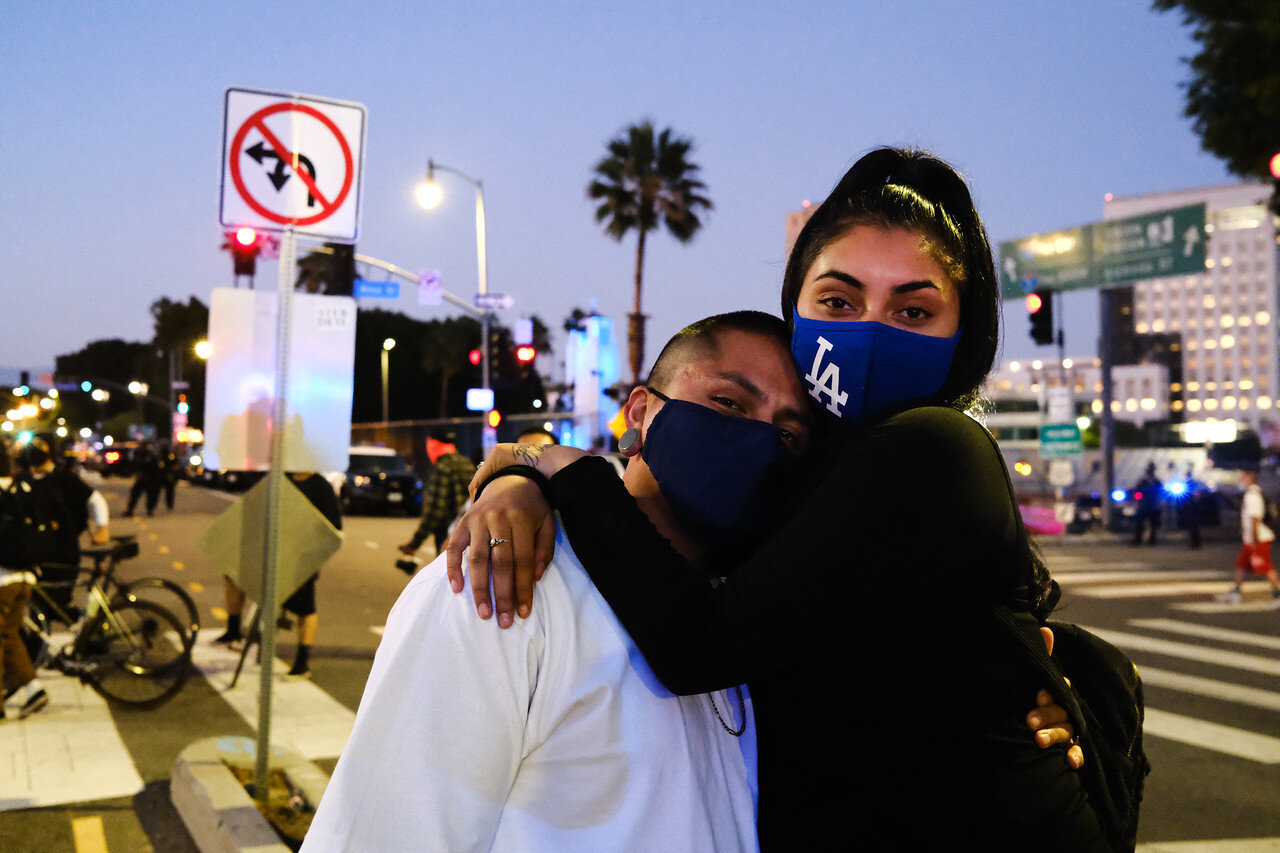  Los Angeles, CA - May 27: Demonstators march in Downtown LA against police violence and the recent killing of George Floyd on May 27, 2020. (Brian Feinzimer) 