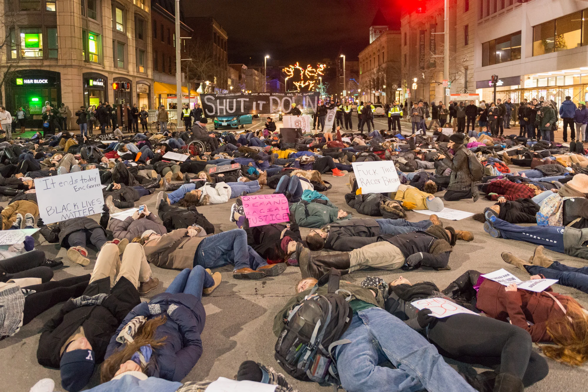 The third die-in of the march in Central Sq.