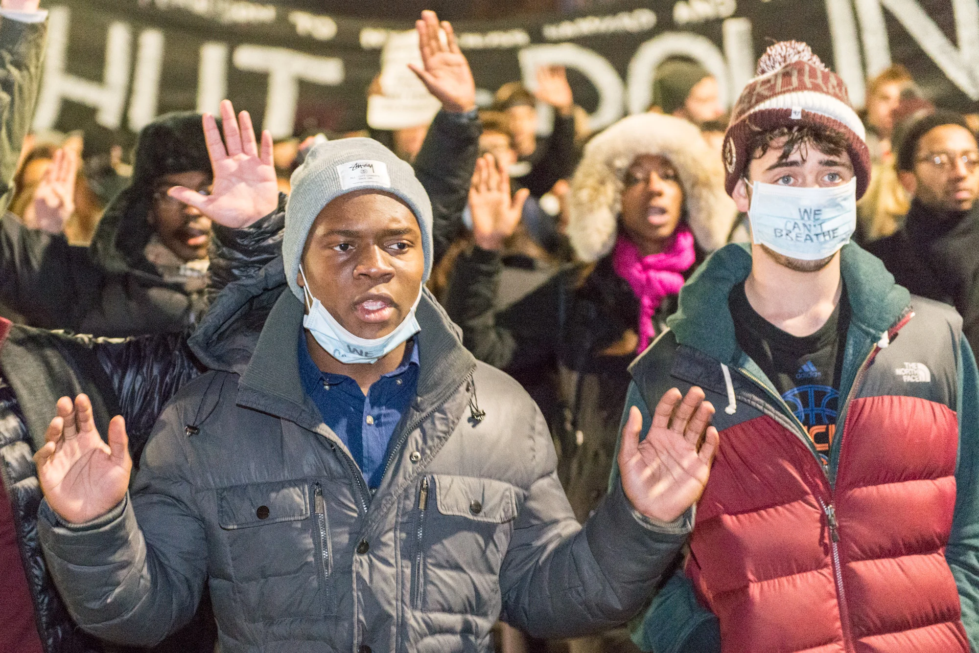 'Hands up' marching on Mass. Ave. heading back to Harvard