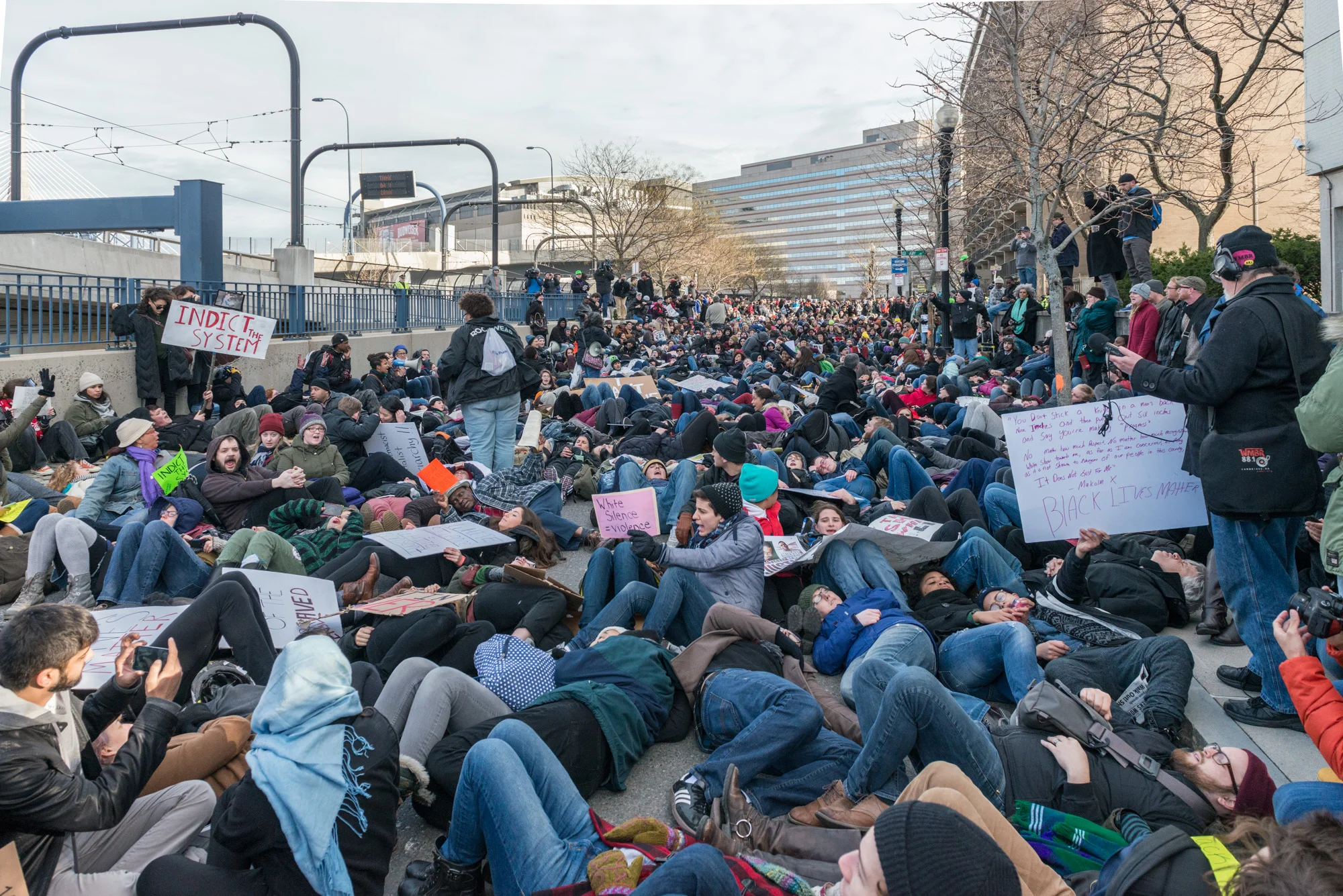 First of several die-ins after the march was stopped by a police barricade