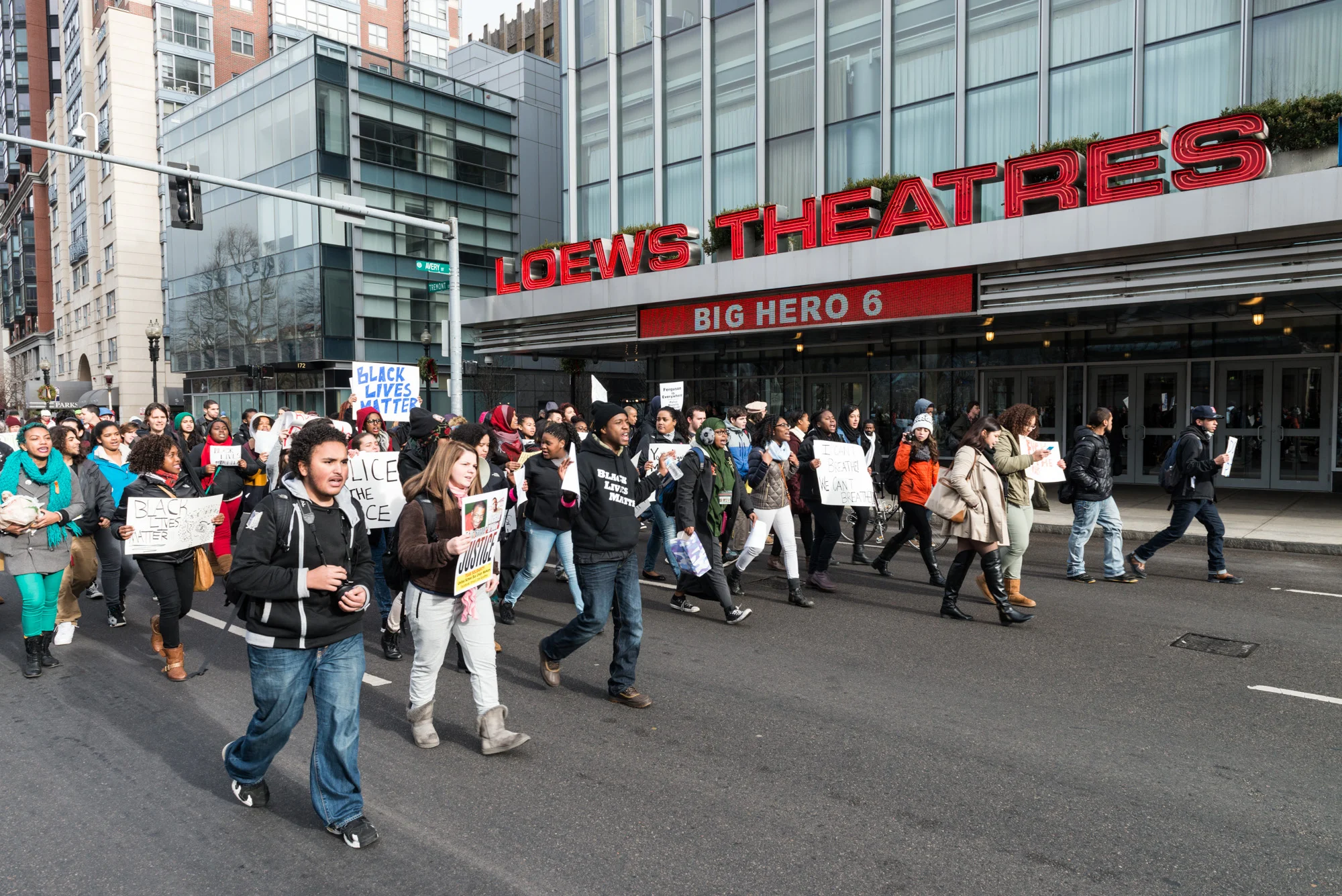 Students marching down Tremont St. across from the Boston Commons