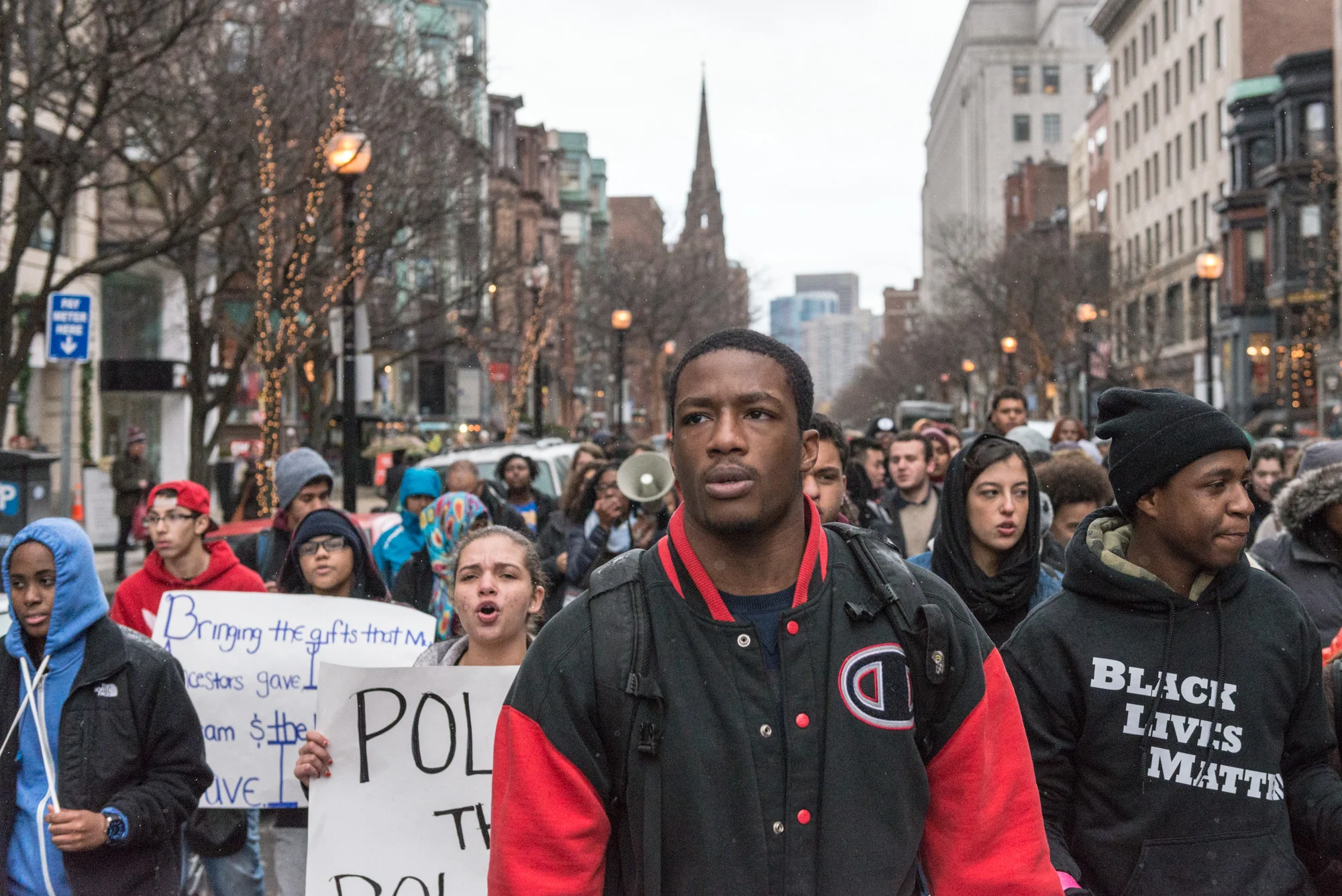 Marching up Newbury St. to Massachusetts Ave.
