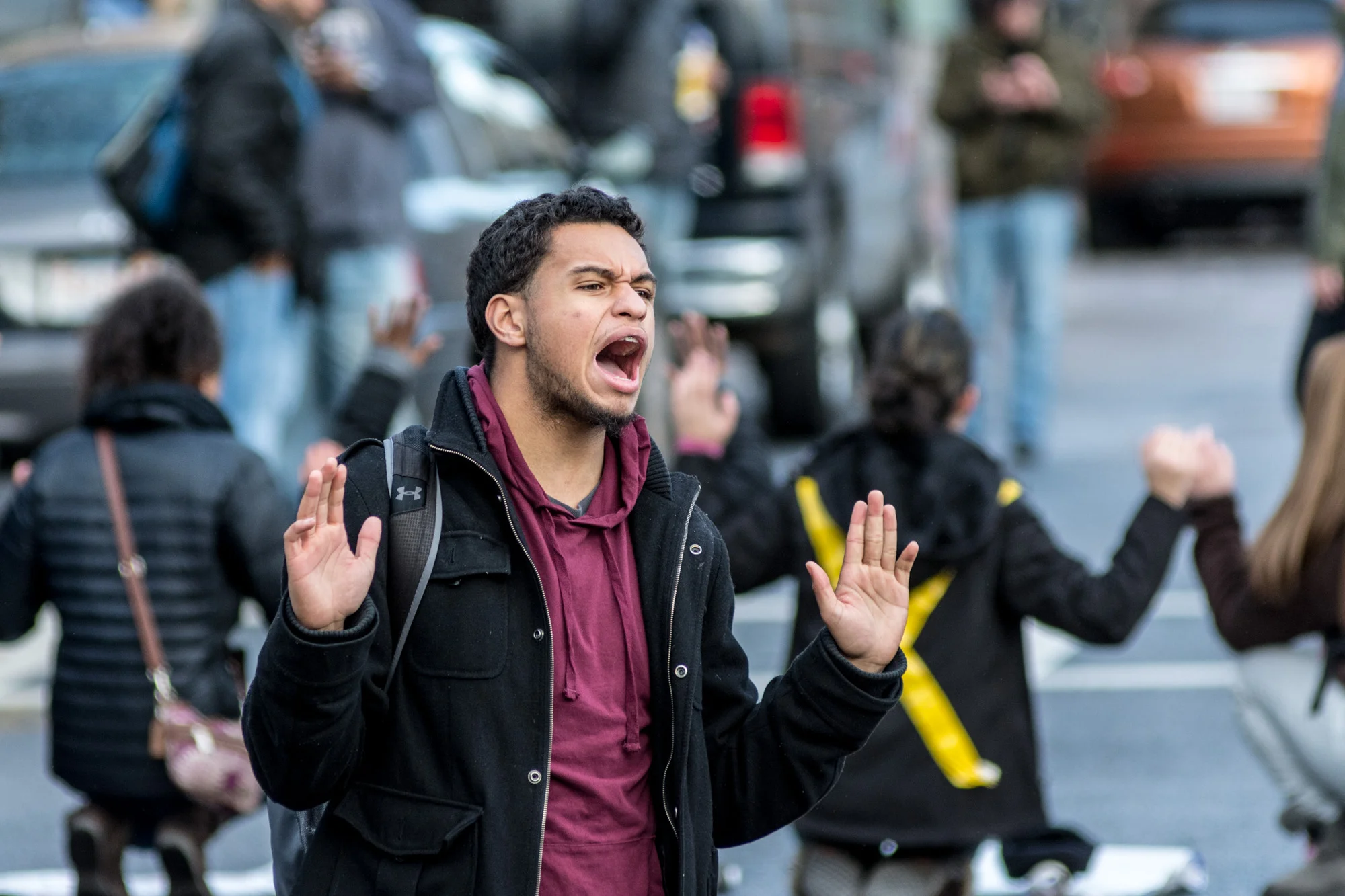 Chanting 'hands-up, don't shoot' in the middle of an intersection
