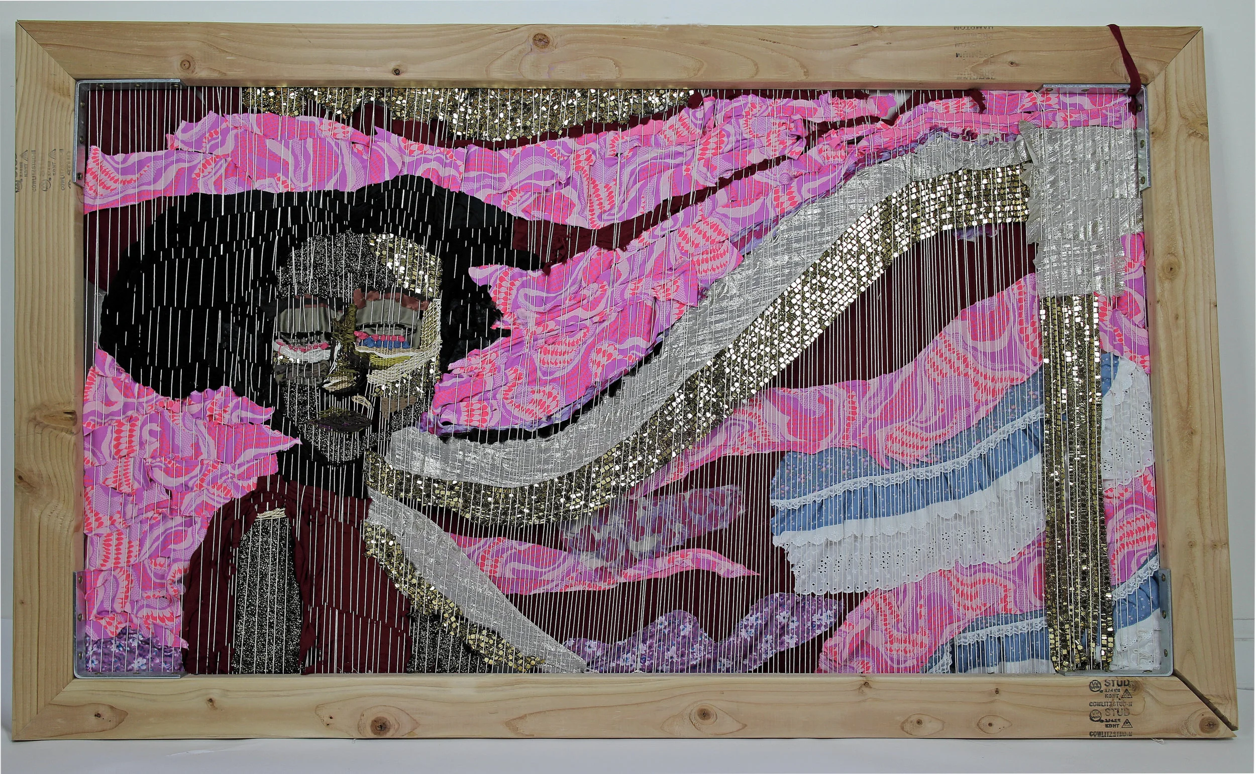 Alice , vintage dresses, velvet, sequins, embroidery floss, cotton string, nylon. 41" x 69"