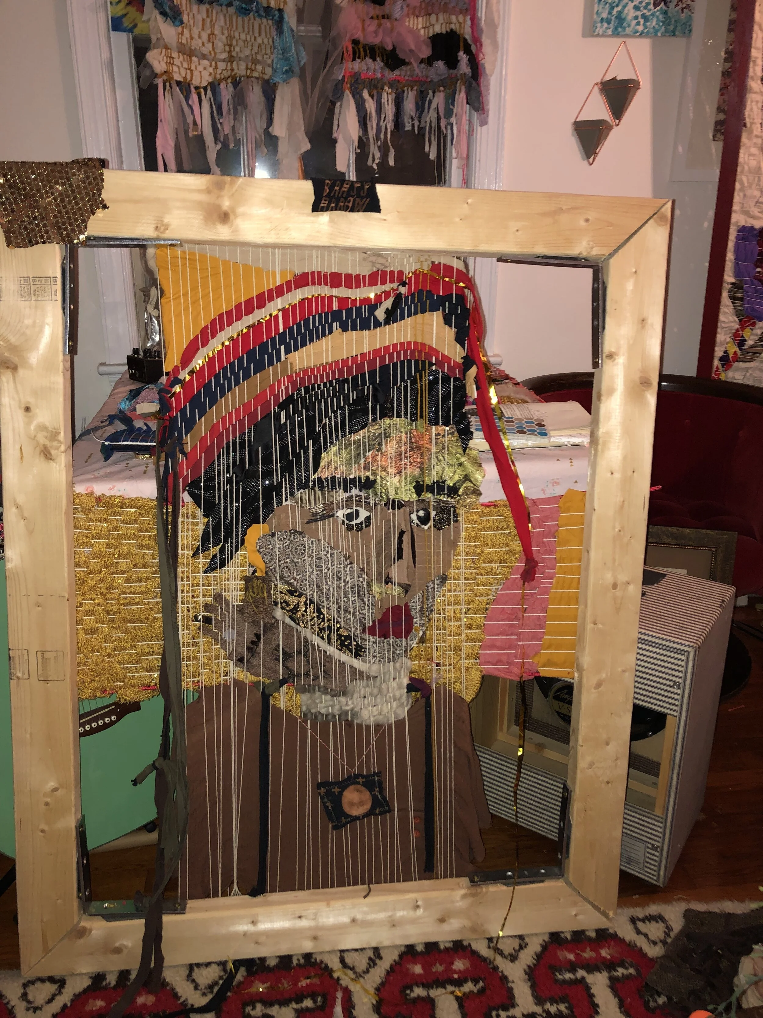 Brass Arrow , hand dyed fabric, cotton, cotton string, yarn, nylon, sequins, medicine. Portrait of artist Brass Arrow.