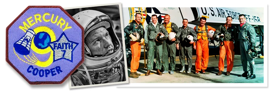 Gordon Cooper (left) The "Original Seven" Mercury astronauts. From left: Scott Carpenter, Cooper, John Glenn, Gus Grissom, Wally Schirra, Alan Shepard, and Deke Slayton. photo credit: NASA