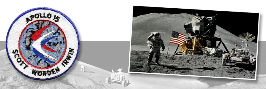 Panoramic photo by Apollo 15 crew. (photo right) Astronaut James B. Irwin, lunar module pilot, gives a military salute. photo credit: NASA