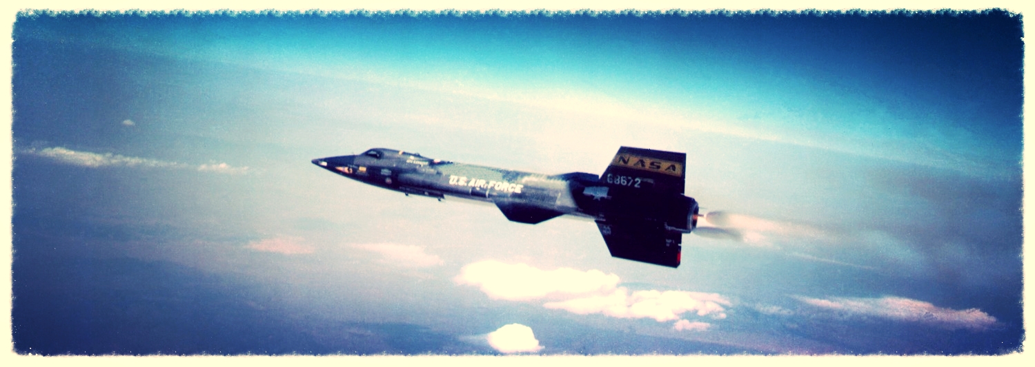 The X-15 rocket plane, shortly after being dropped from its B-52 mother ship, and the full engine burn to take it to the edge of space. Three X-15 planes flew 199 flights: 13 of which reached altitudes exceeding 50 miles, the USAF definition of space; two, exceeded 60 miles.