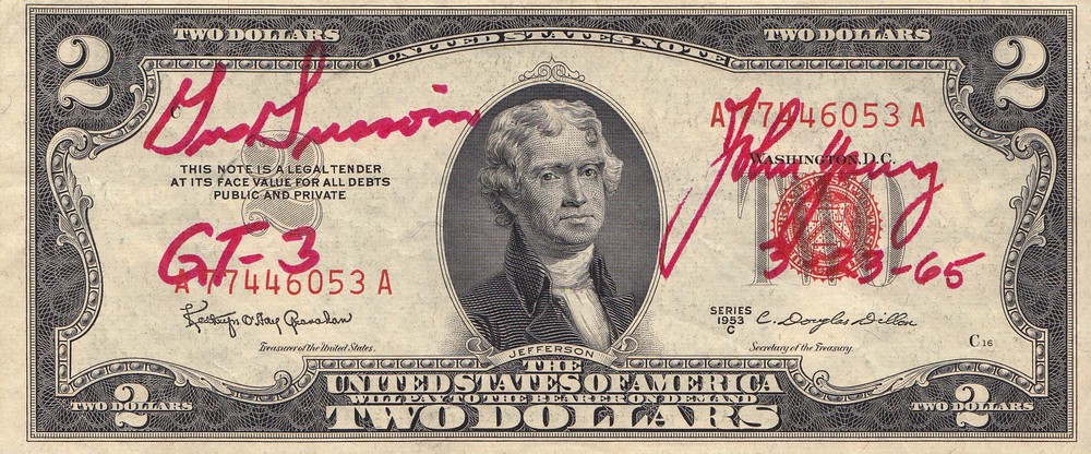 A $2 bill flown on the historic flight of Gemini 3 on March 23, 1965.