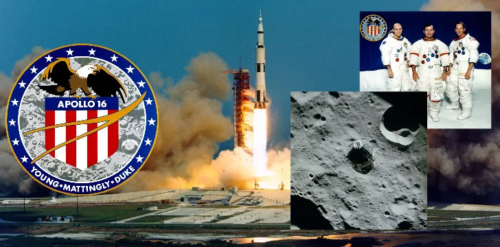 NASA launch photo of Apollo 16. (photo right, top) Apollo 16 crew portrait. (photo right, bottom) Apollo 16 CSM "Casper" in lunar orbit. photo credist: NASA