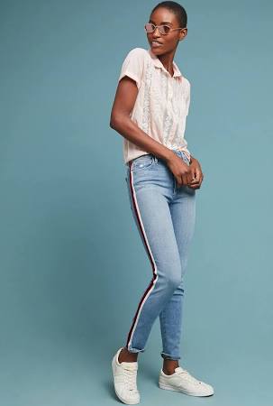  Side-striped jeans are majorly in right now! Just a small detail can make a pair of jeans go a long way, and seem much more interesting, like this pair from Anthropologie.  