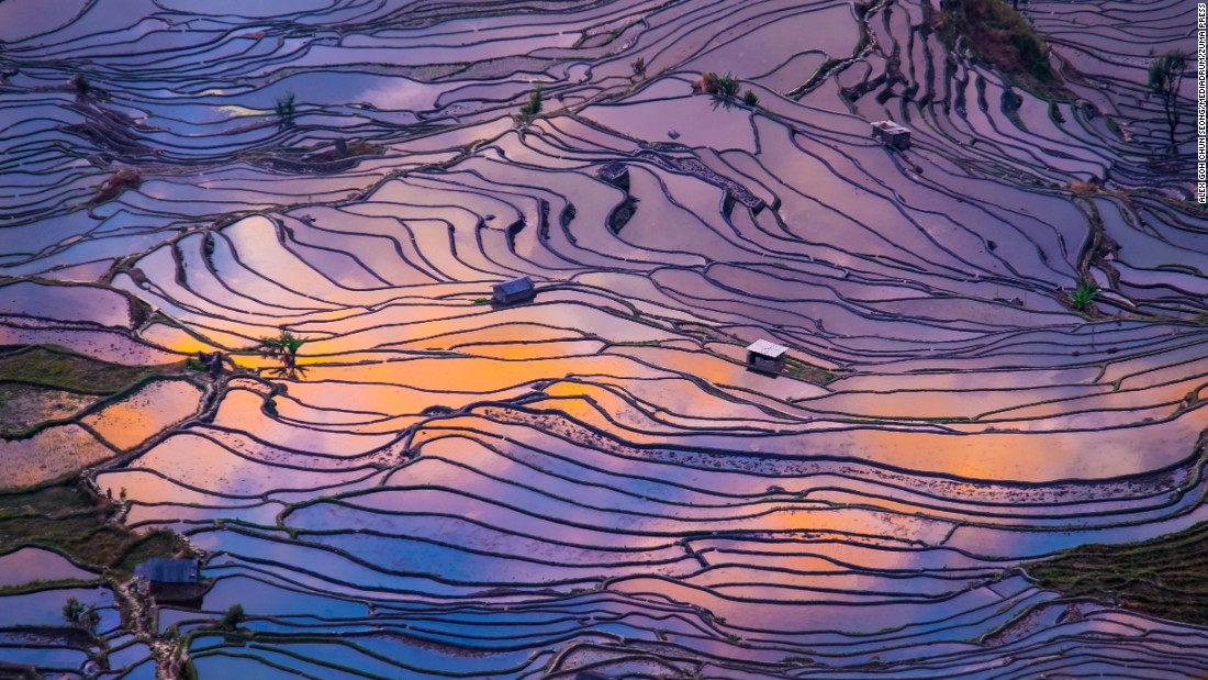 9. Rice terraces reflect the colors of twilight in Yuanyang, China.