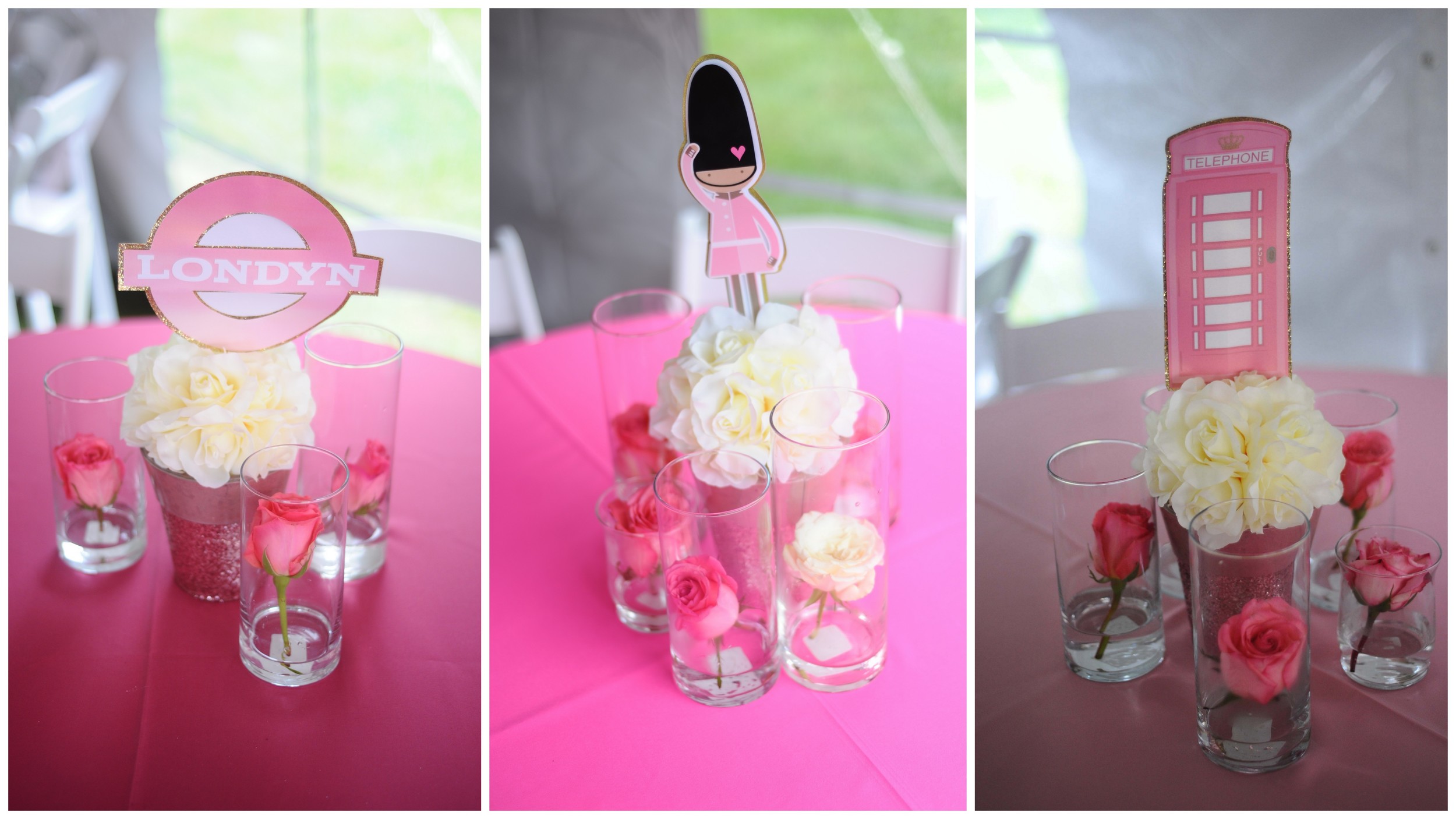 We decided to create simple centerpieces with pomander balls and roses. Vanessa Grant Events created the super, cute London themed toppers.