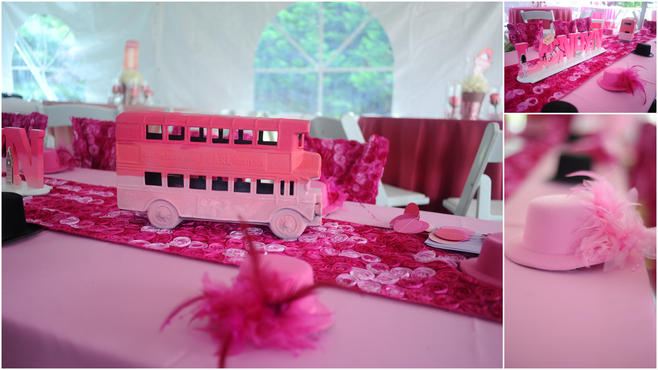 Home Goods was the source where we purchased the double decker bus that was spray painted in a pink ombre pattern. The mini fascinators were purchased from Ebay.