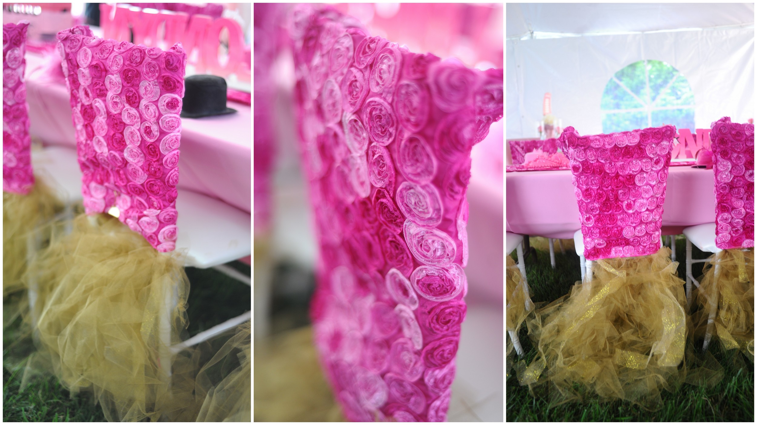 The rosette aisle runner and chair caps were from CV Linens.
