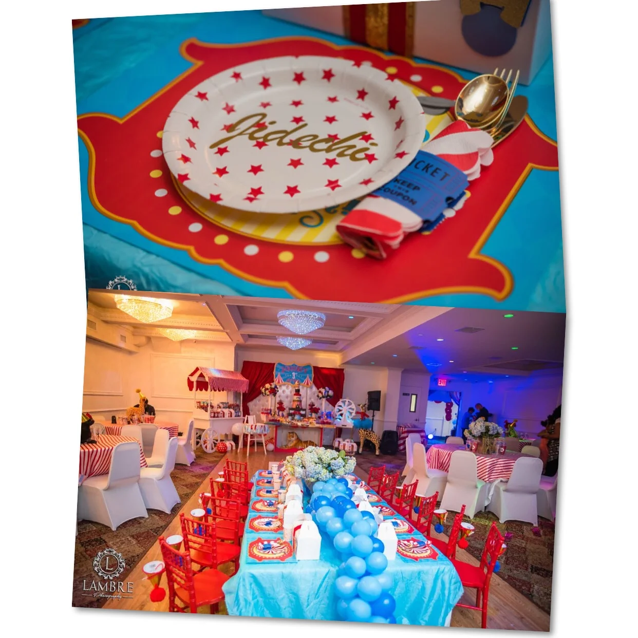 Personalized plates and custom colored chairs.