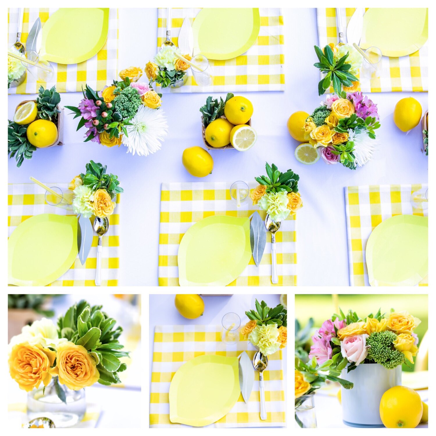 V styled each place setting with a yellow gingham cloth napkin as a place mat, as is her signature design element for kid's’ tablescapes only one piece of cutlery was used.