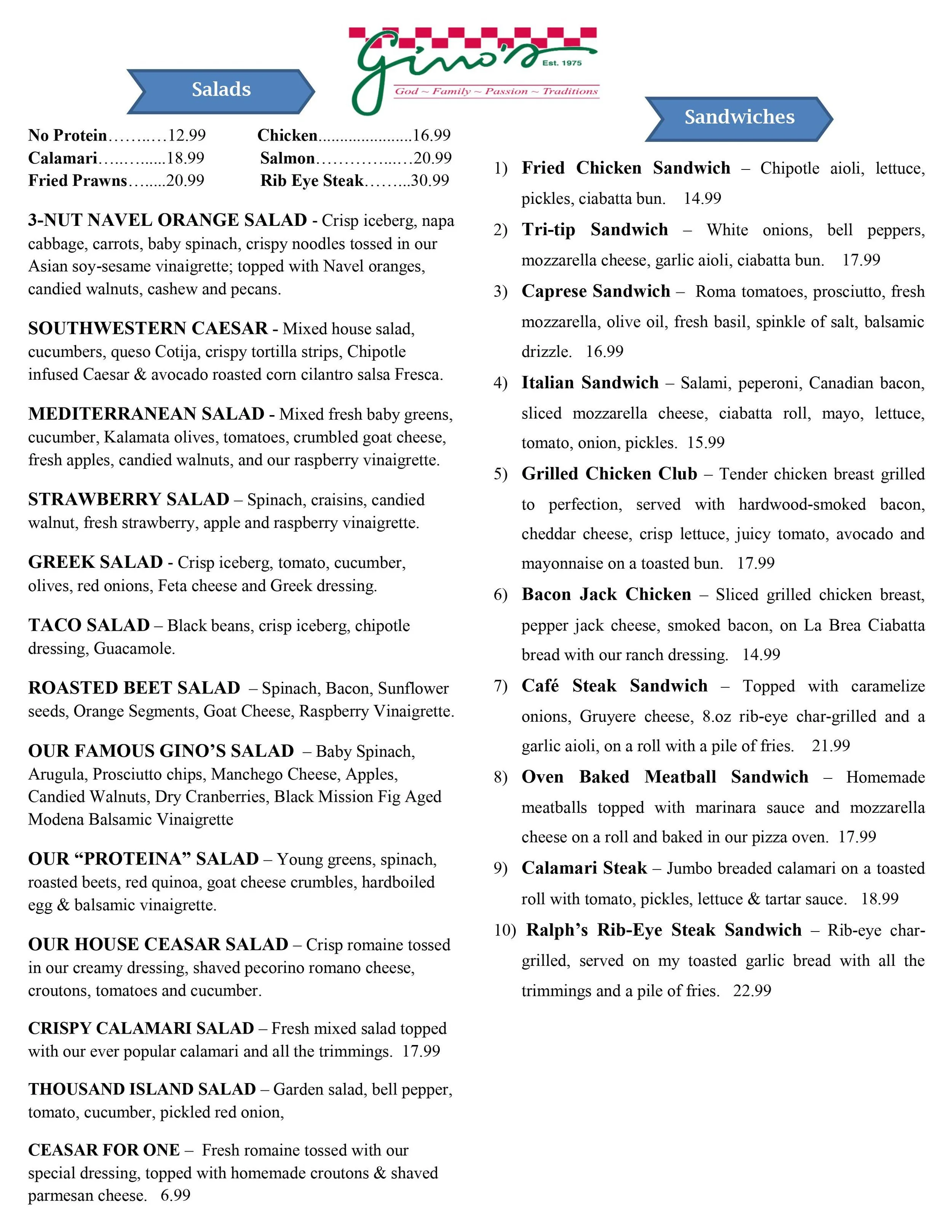 Menu — Gino's Fine Italian Foods