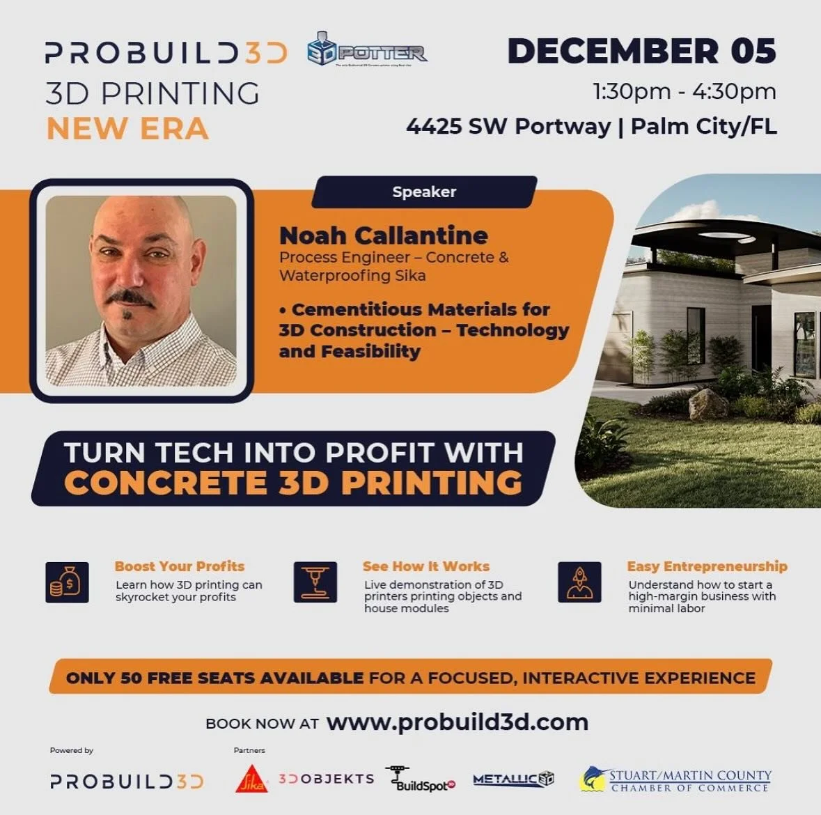 Don&rsquo;t forget our exciting event, happening December 5th!

Introducing Noah Callantine, process Engineer at Sika. Specializing in concrete and waterproofing, Noah will share his knowledge on the materials and processes involved in 3D printing fo
