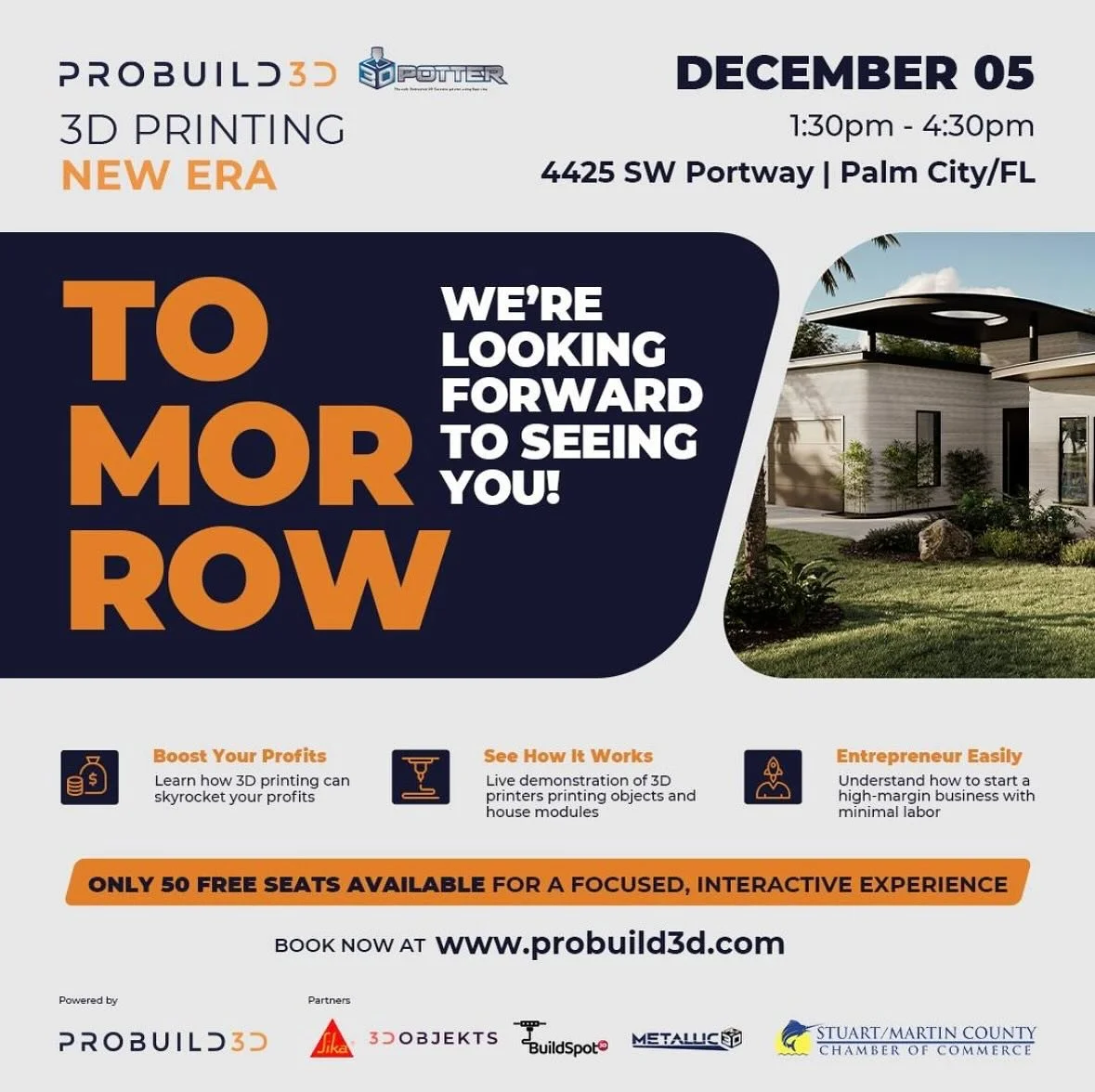 🚨Event Alert: it&rsquo;s tomorrow!🚨 

3D Printing - New Era is happening tomorrow! Join us from 1:30-4:30 for a groundbreaking event! Featuring speakers from @cdcoftampa, @probuild3d, and @sikausa 

🎉 Ribbon Cutting Ceremony: Celebrate the opening