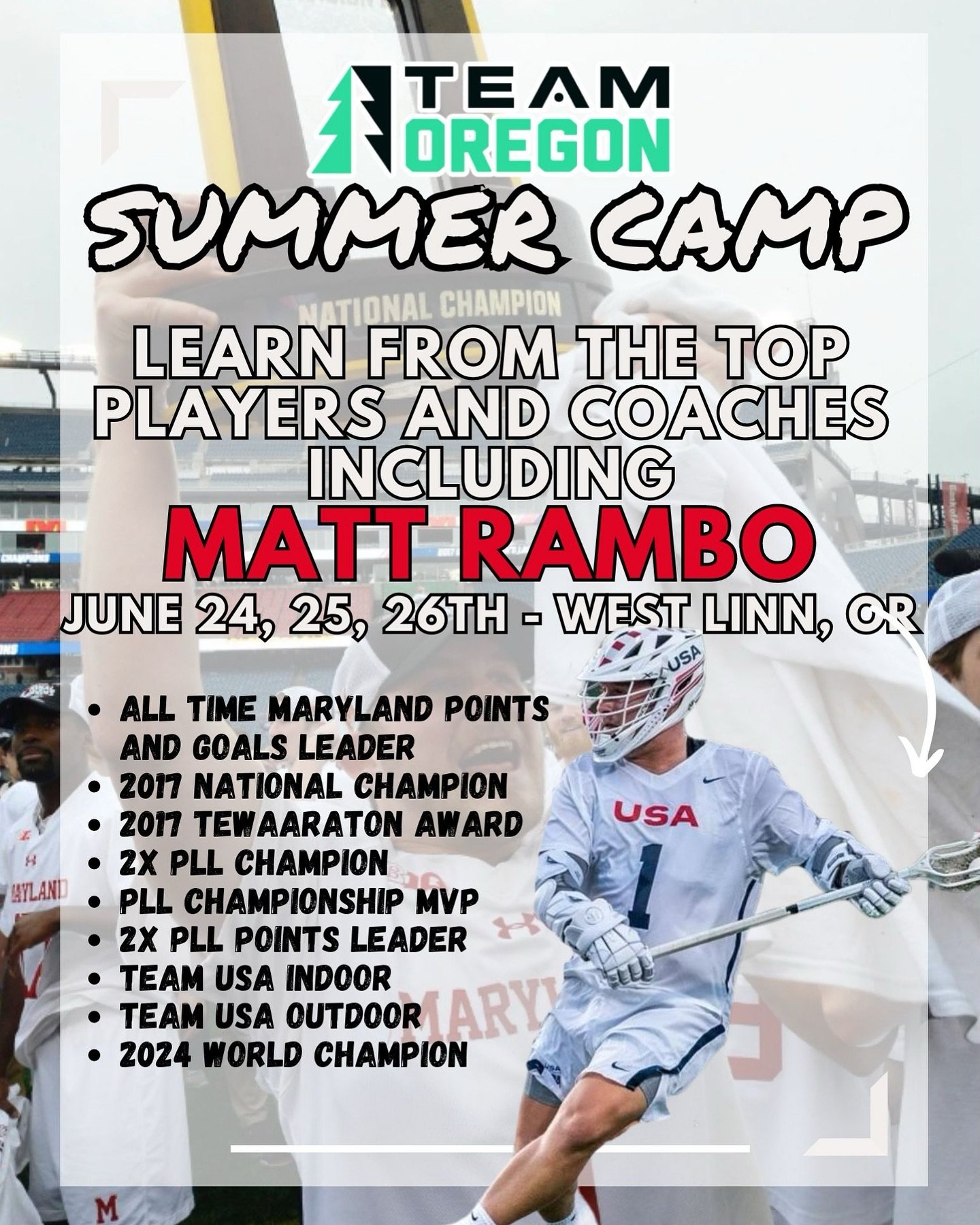 Matt Rambo will be joining us at our Youth Summer Camp! One of the best players in the history of the sport will be passing along his knowledge, sign up today for a fun 3 days of competition, prizes, and skill sessions! 

#teamoregonlacrosse