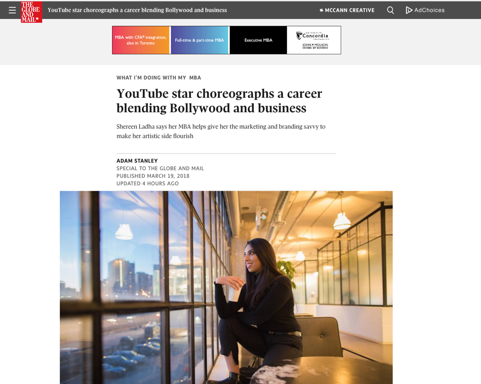 Globe & Mail feature: YouTube star choreographs a career blending Bollywood and business