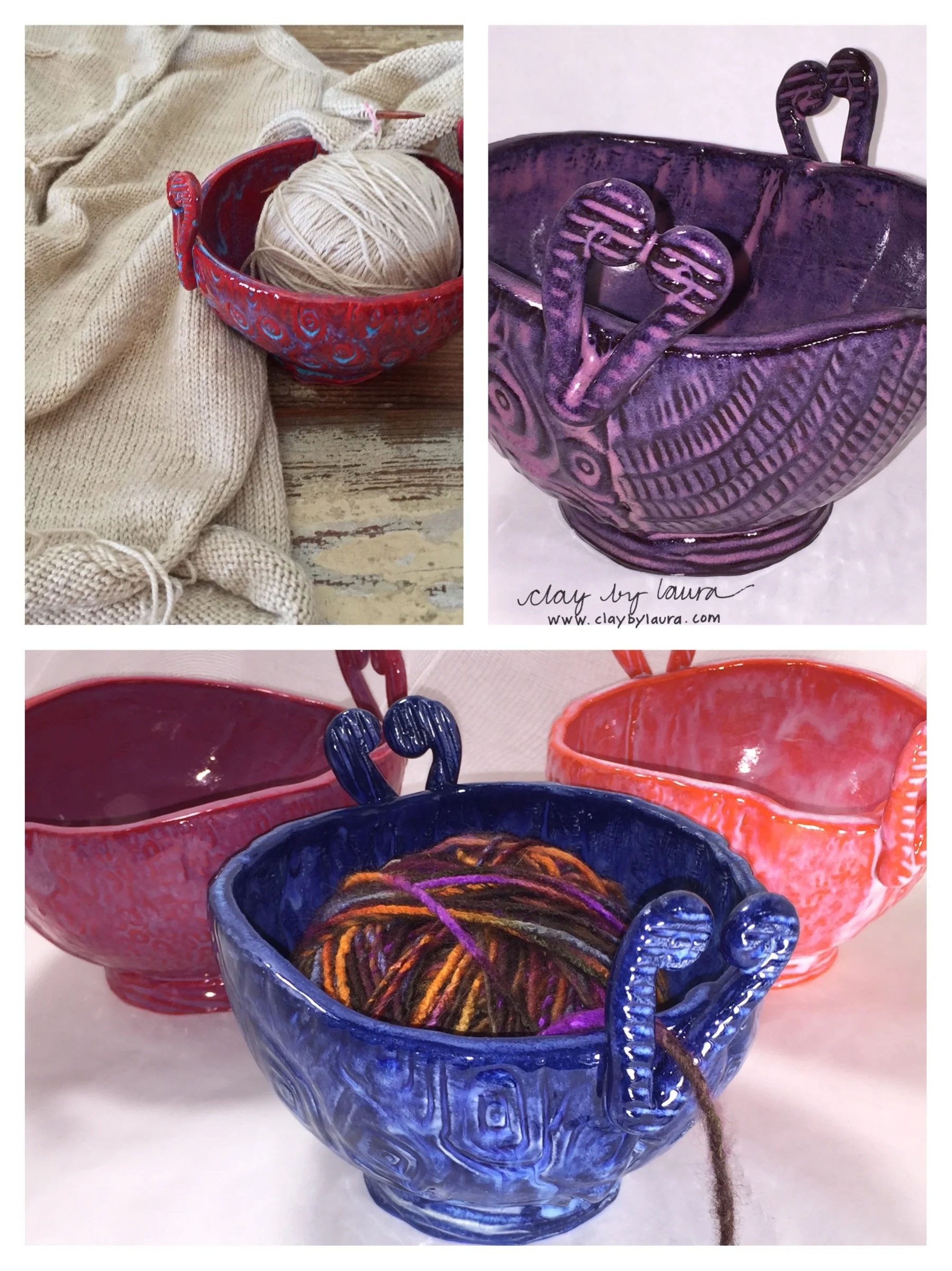 I've been catching up on some of my knitting projects these last few winter weeks. It's another passion I enjoy. I find it meditative and engaging at the same time. The unique design of my yarn bowls are based on my experience as a knitter. Most of the clay yarn bowls I've seen have a slit cut into them for guiding the yarn -- a design flaw in my opinion. My bowl shape cups the yarn, has two heart-shaped 'feeders' for multiple yarn colors and can be used for snacks or knitting accessories when not in use for stitching. In 2016, I'll work on a slightly larger version to fully accommodate two large hanks of yarn. 