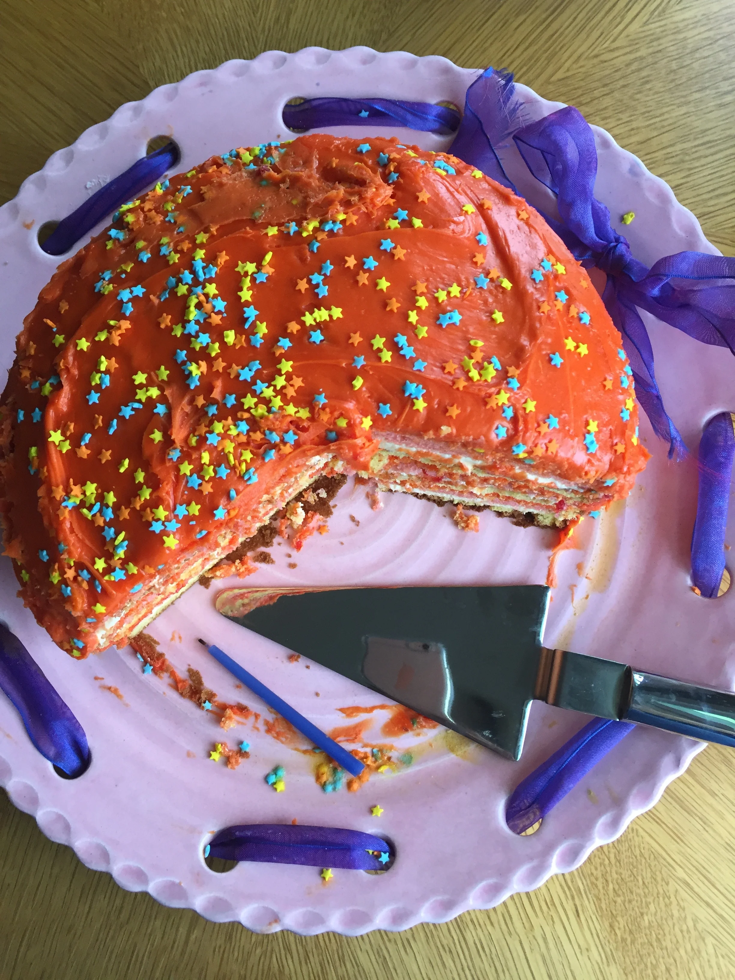 The holes in this cake platter I made in 2003 are meant for threading colorful ribbon depending on the occasion. July is a big birthday month in our household, so this plate will get lots of use in the coming weeks!