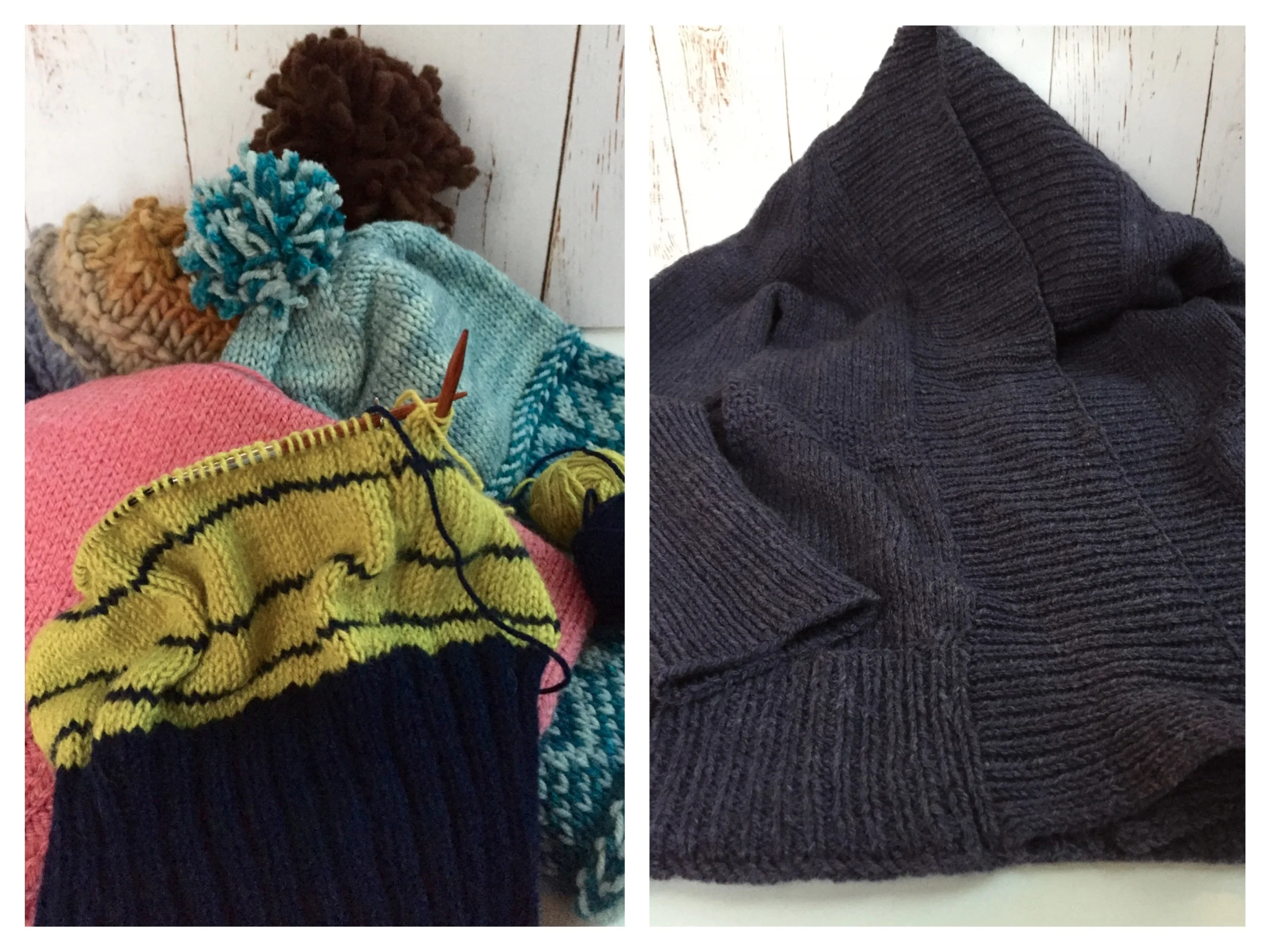 The good news is that I completed several knitting projects this week. Some of the hats (on the left) had been made and just need a final pom-pom or edge sewing. The sweater (on the right) was soaked and blocked to dry for its final step. 