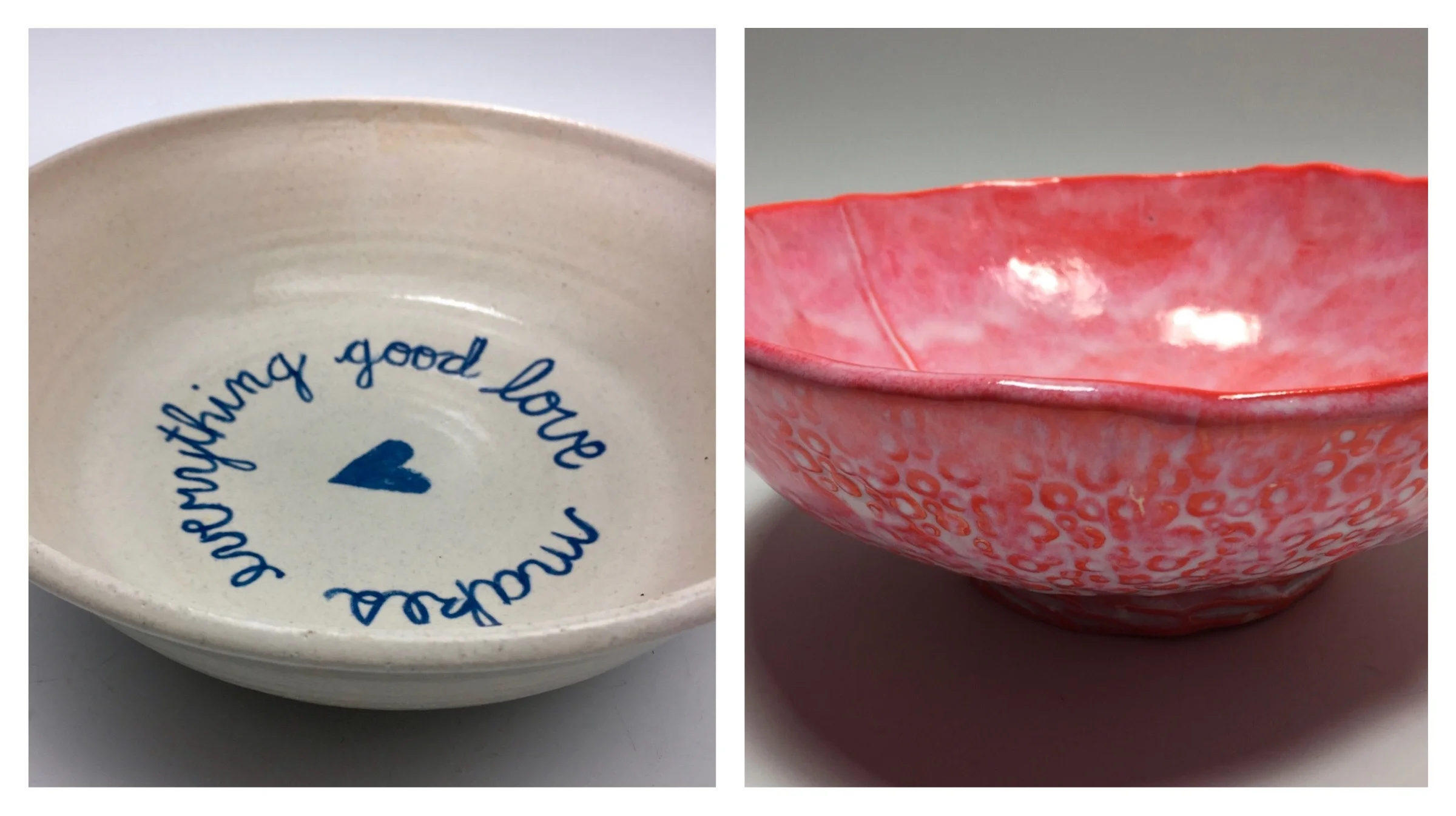 I made the bowl on the left many years ago with a potter's wheel. The bowl on the right was created more recently using a slab of clay pushed into shape over a mini basketball. Each one is a functional bowl; the aesthetic is different and shows how my clay art has evolved. 