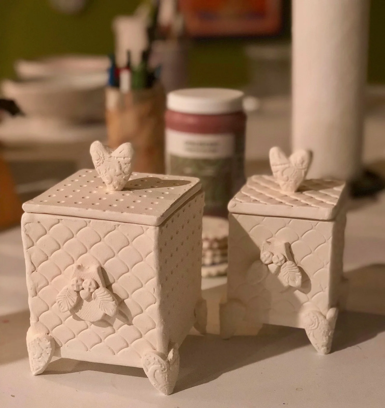 These owl-themed memorial boxes will hold some of the ashes of my mother-in-law, Helene.