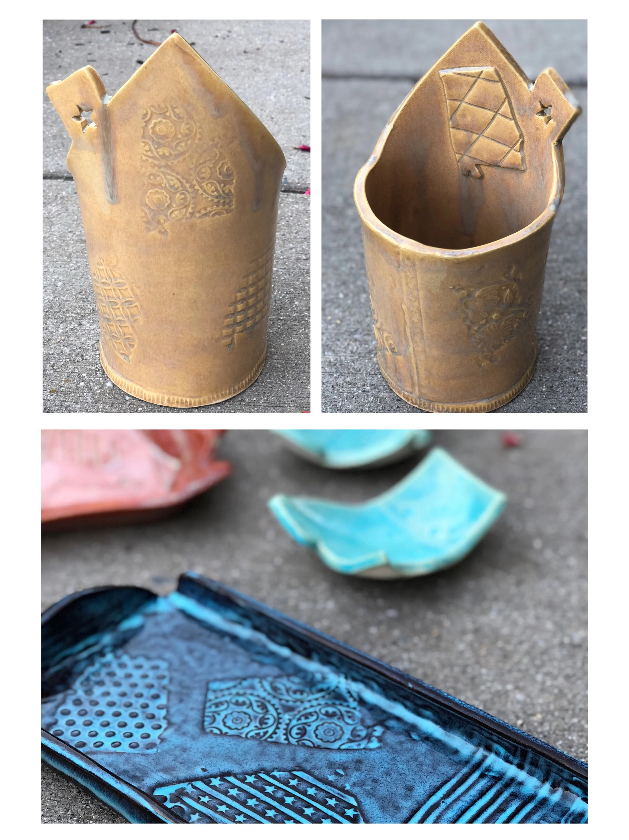 The Alabama-themed series I've developed is nearing completion and I'm really happy with the results. I created my own textured Alabama-state stamps for use on a variety of shapes. All of these pieces will soon be available for sale at Harrison Brothers Hardware in Huntsville, Alabama. 