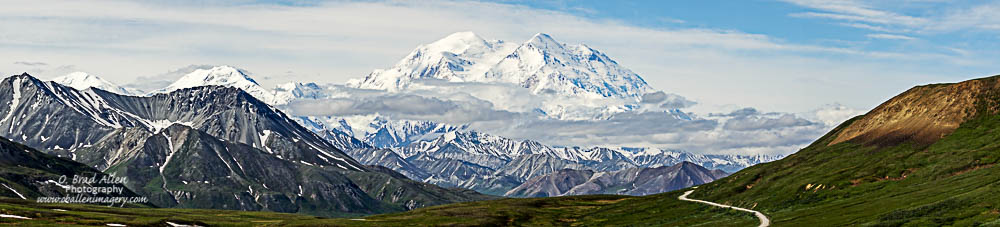 This is "The mountain" as the guides and the semi locals call it. The largest peak on the North American continent and a very magestic site to view. We were very fortunate to be able to view the mountain. The south peak is taller than the north. This picture was taken at around mile 62 of the 92 mile road. The only other great view of the mountain is at Wonder Lake at the end of the road. You can only arrive there by a special "green" bus. No narration is provided on this bus. This bus will drive the road and drop people off at various stops. It is a 14 hour round trip ride to go to Wonder Lake and back to the Visitor Center.