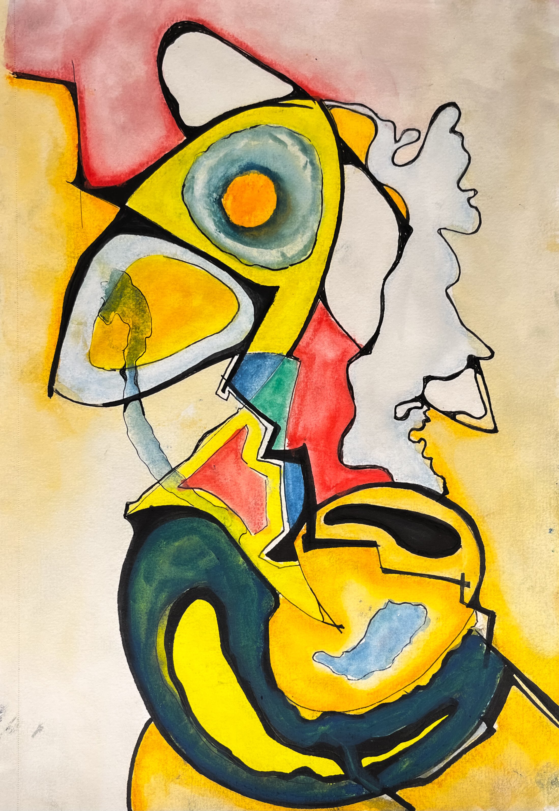 Watercolor and Ink on Paper / 8”x12”/ October 2022 Made this while riding motorcycles and eating fresh fruit with a good bud. Its about shifting paradigms, and acceptance.