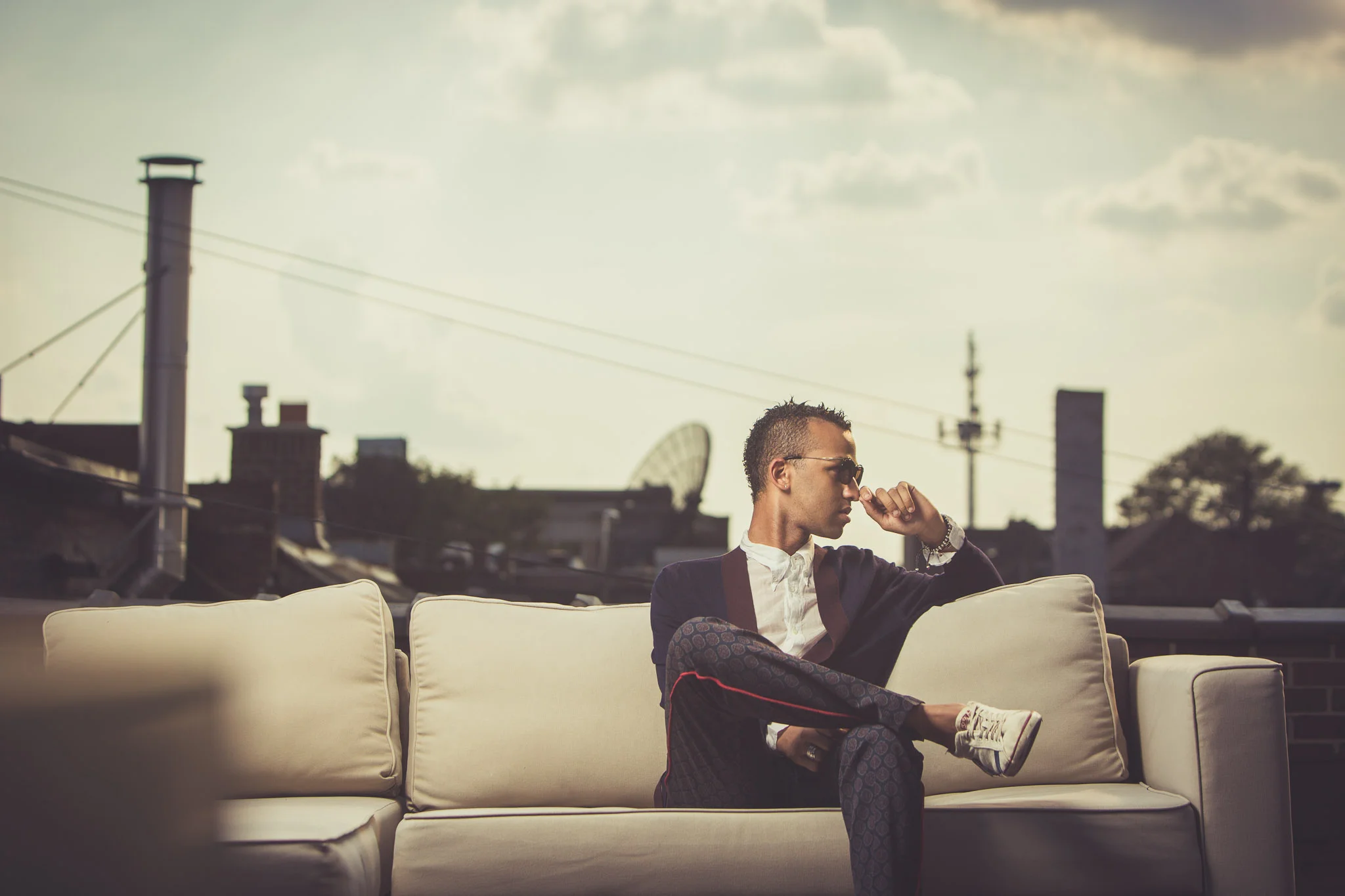 Shot on the roof of Studio 1176 wearing Dries Van Noten head-to-toe and sunglasses by Linda Farrow for Dries Van Noten 