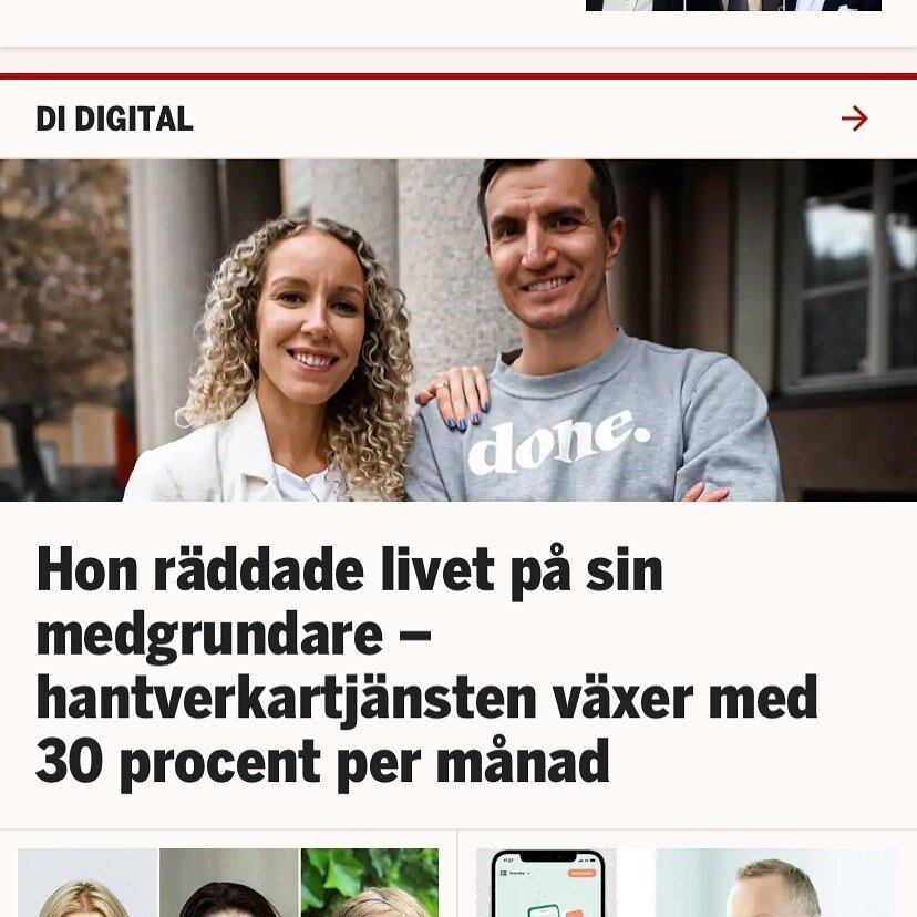 Nya artikel i DI om v&aring;r resa med @done.app och hur min &auml;lskade @malintheresegranlund r&auml;ddade mitt liv ❤️ https://www.di.se/digital/hon-raddade-livet-pa-sin-medgrundare-hantverkartjansten-vaxer-med-30-procent-per-manad/