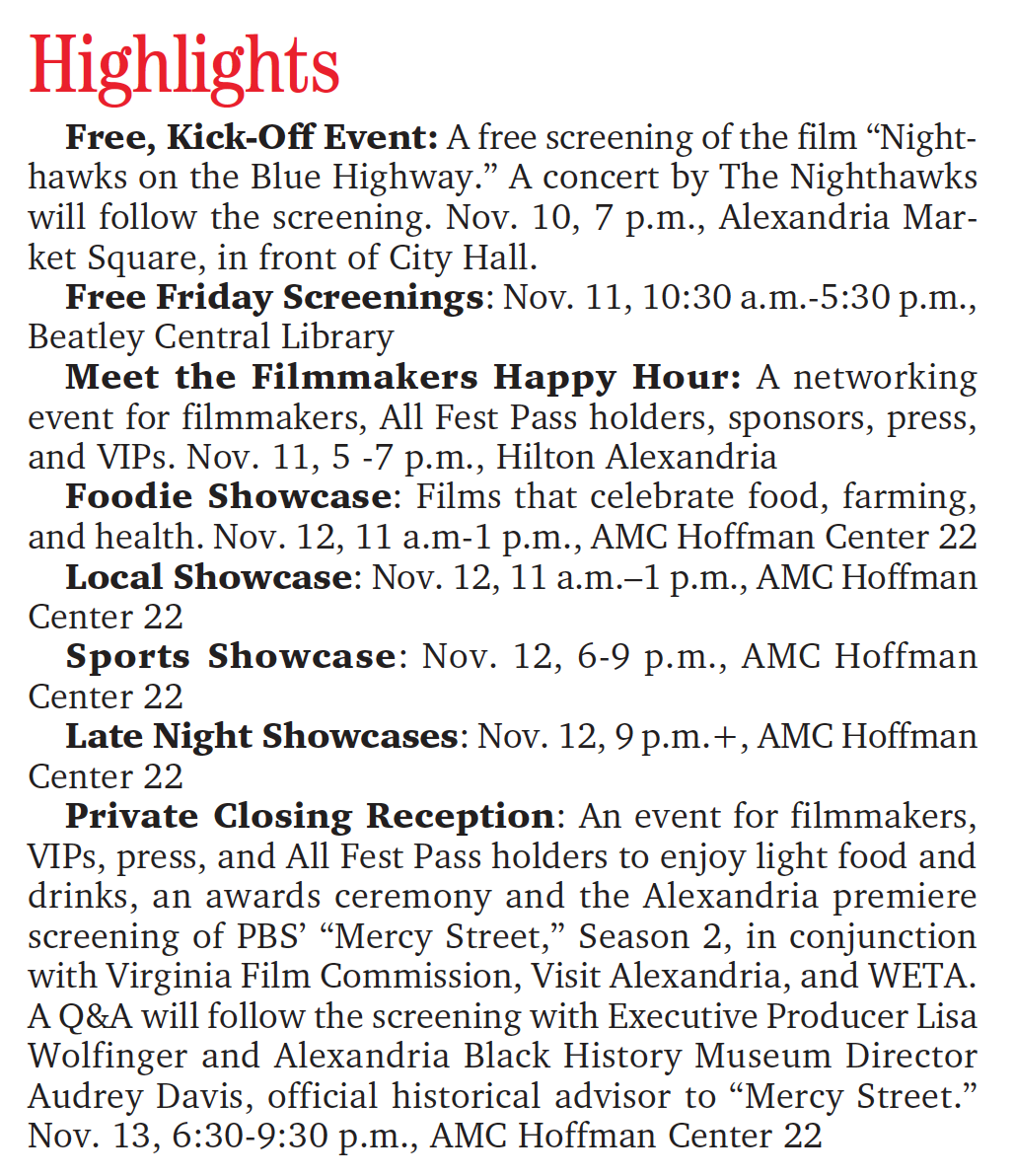 Alexandria Film Festival Nov. 10-13