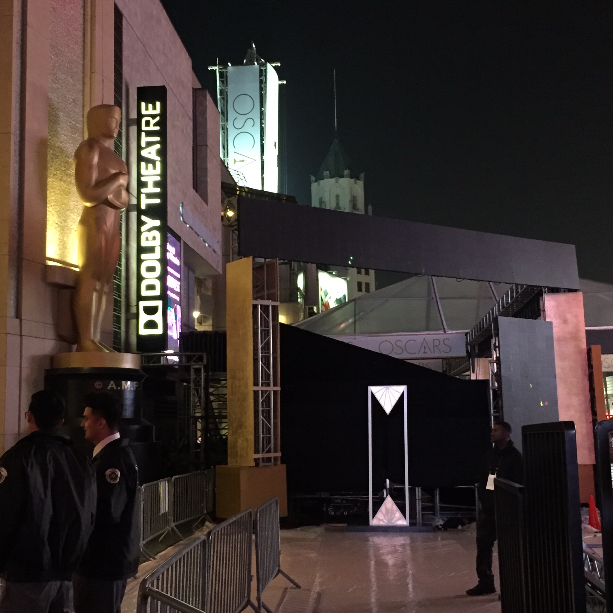 Oscars set up in progress at the Dolby Theater.