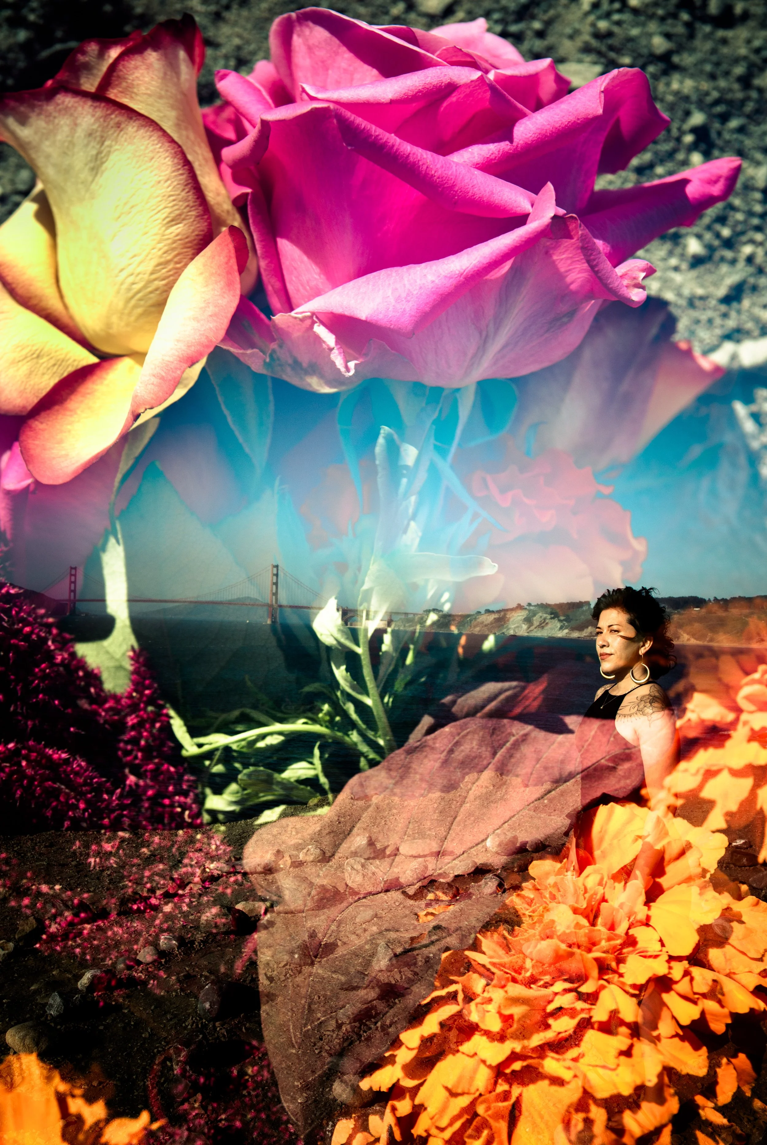 Flowers overlaid with a woman standing outdoors near a body of water with the golden gate bridge in the background.