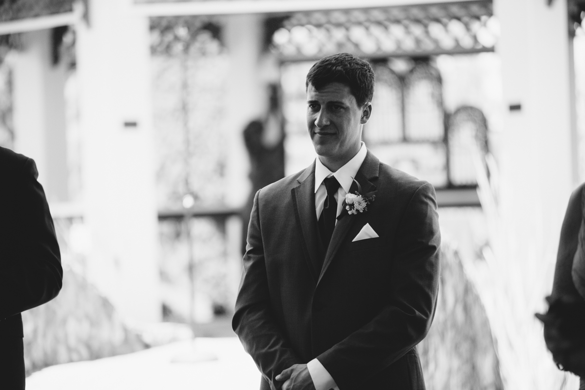 The Groom in a black and white photo King Francis Park Forest Wedding Ceremony Vancouver Island