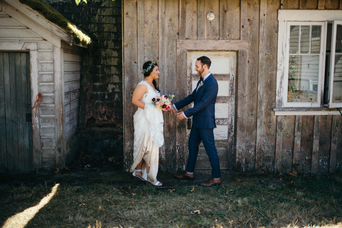 The Bride and Groom outside a Cabin King Francis Park Forest Wedding Ceremony Vancouver Island