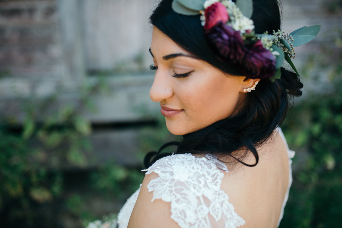 The bride with her crown of flowers King Francis Forest Wedding Ceremony Vancouver Island